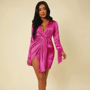 Pink Silky Split Cuff Strap Draped Wrap Dress